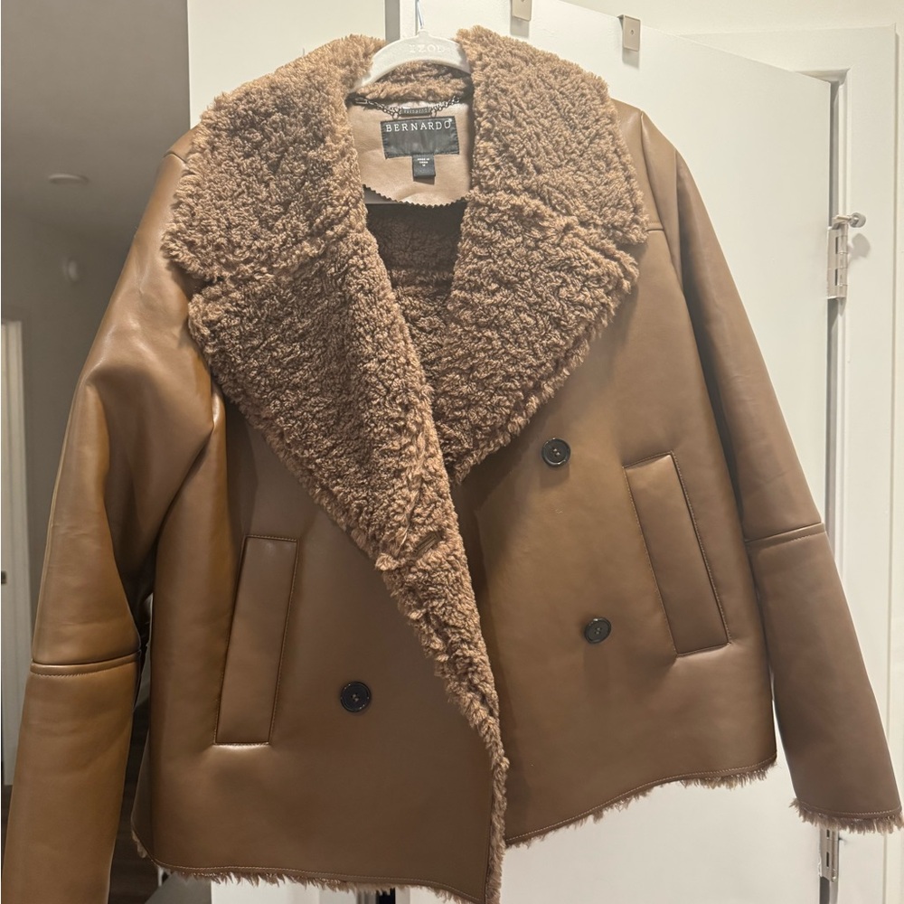 Brand new brown faux leather and fur coat